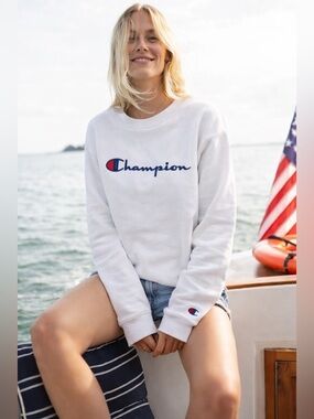 Champion Reverse Weave White Crewneck Sweatshirt Size M Classic Logo